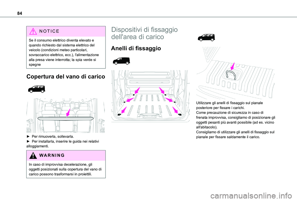 TOYOTA PROACE VERSO EV 2021  Manuale duso (in Italian) 84
NOTIC E
Se il consumo elettrico diventa elevato e quando richiesto dal sistema elettrico del veicolo (condizioni meteo particolari, sovraccarico elettrico, ecc.), l'alimentazione alla presa vie