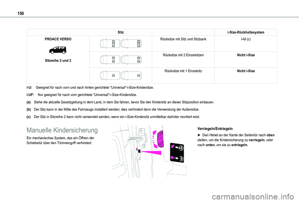 TOYOTA PROACE VERSO EV 2021  Betriebsanleitungen (in German) 150
Sitzi-Size-Rückhaltesystem
PROACE VERSO 
 
Sitzreihe 2 und 3
 
 
Rücksitze mit Sitz und Sitzbanki-U (c)
 
 
Rücksitze mit 2 EinzelsitzenNicht i-Size
 
 
Rücksitze mit 1 EinzelsitzNicht i-Size
