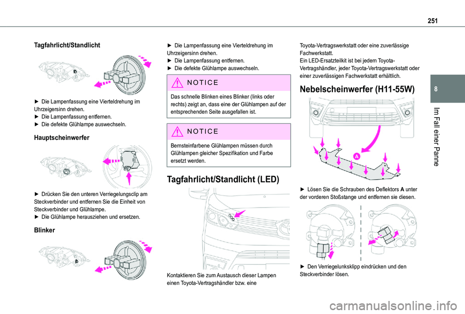 TOYOTA PROACE VERSO EV 2021  Betriebsanleitungen (in German) 251
Im Fall einer Panne
8
Tagfahrlicht/Standlicht 
 
► Die Lampenfassung eine Vierteldrehung im Uhrzeigersinn drehen.► Die Lampenfassung entfernen.► Die defekte Glühlampe auswechseln.
Hauptsche