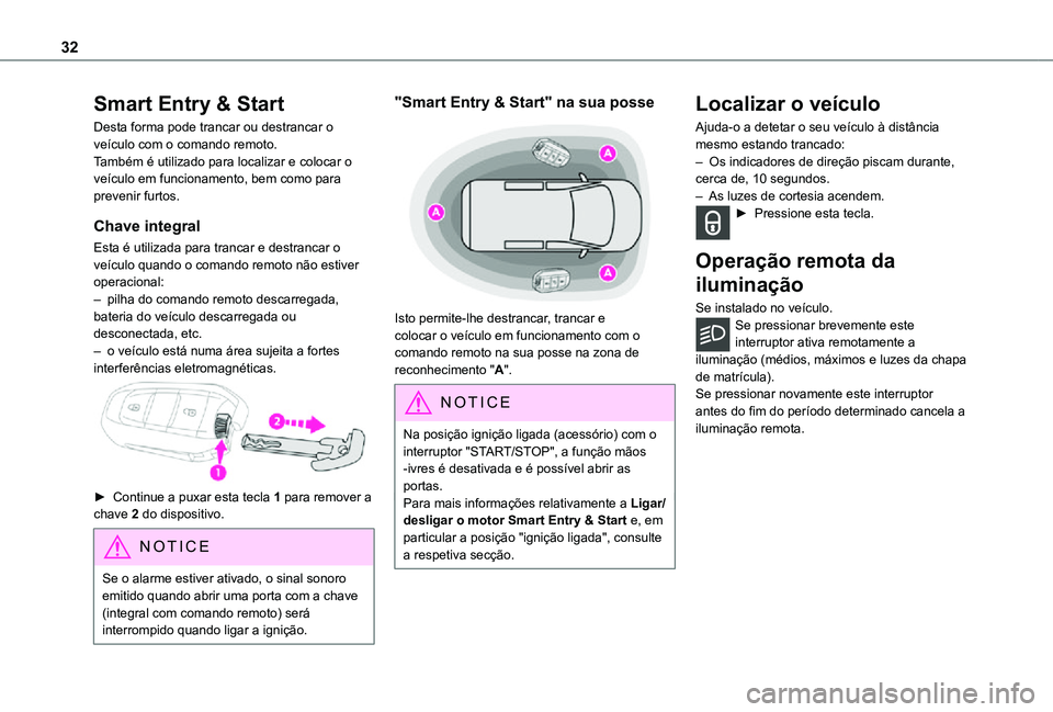 TOYOTA PROACE VERSO EV 2021  Manual de utilização (in Portuguese) 32
Smart Entry & Start
Desta forma pode trancar ou destrancar o veículo com o comando remoto.Também é utilizado para localizar e colocar o veículo em funcionamento, bem como para prevenir furtos.
