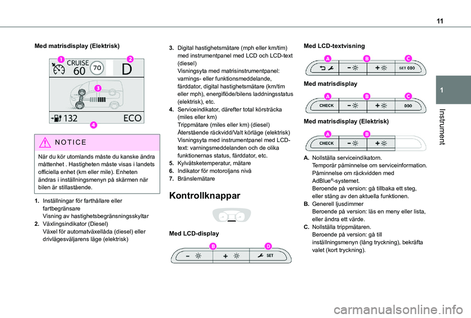 TOYOTA PROACE VERSO EV 2021  Bruksanvisningar (in Swedish) 11
Instrument
1
Med matrisdisplay (Elektrisk) 
 
NOTIC E
När du kör utomlands måste du kanske ändra måttenhet . Hastigheten måste visas i landets officiella enhet (km eller mile). Enheten ändra
