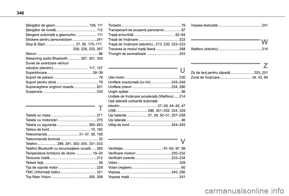 TOYOTA PROACE VERSO EV 2021  Manual de utilizare (in Romanian) 346
Ștergător de geam   109, 111Ștergător de lunetă   11 2Ștergere automată a geamurilor   111Stickere pentru personalizare   241Stop & Start   27, 92, 175–177,  209, 228, 233, 267Storuri   8