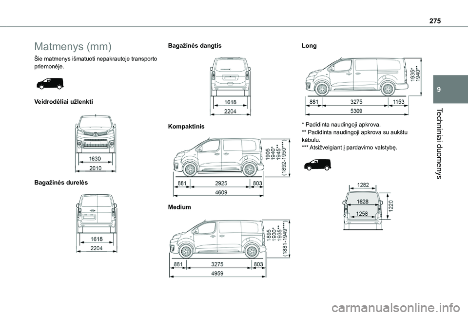 TOYOTA PROACE VERSO EV 2021  Eksploatavimo vadovas (in Lithuanian) 275
Techniniai duomenys
9
Matmenys (mm)
Šie matmenys išmatuoti nepakrautoje transporto priemonėje. 
 
Veidrodėliai užlenkti 
 
Bagažinės durelės 
 
Bagažinės dangtis 
 
Kompaktinis 
 
Medium