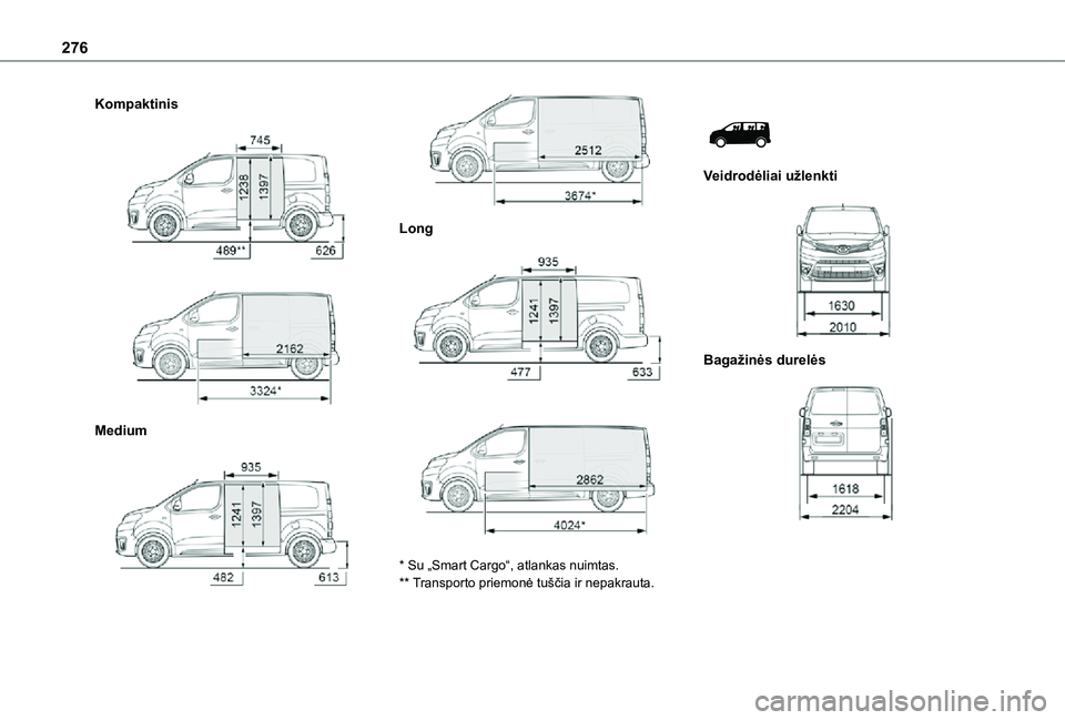 TOYOTA PROACE VERSO EV 2021  Eksploatavimo vadovas (in Lithuanian) 276
Kompaktinis 
  
 
Medium 
  
 
Long 
  
 
* Su „Smart Cargo“, atlankas nuimtas.** Transporto priemonė tuščia ir nepakrauta.
 
 
Veidrodėliai užlenkti 
 
Bagažinės durelės 
    