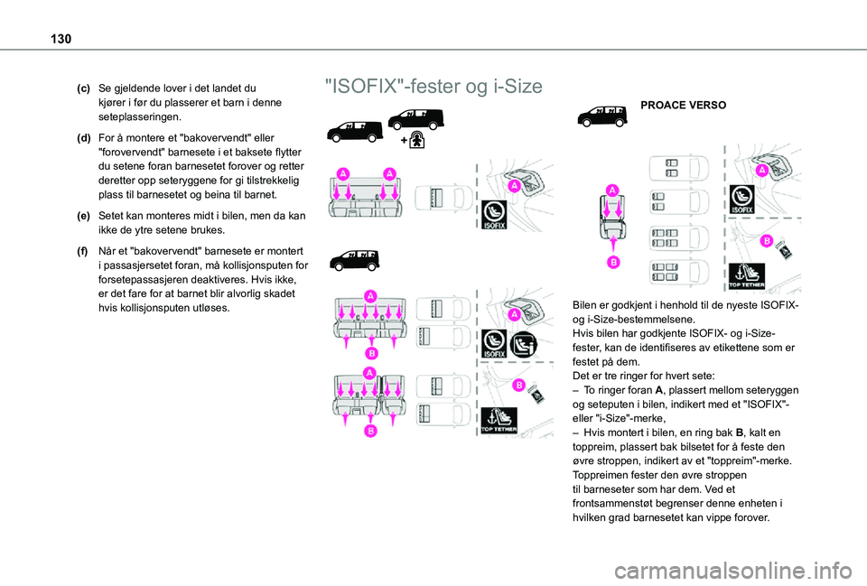 TOYOTA PROACE VERSO EV 2021  Instruksjoner for bruk (in Norwegian) 130
(c)Se gjeldende lover i det landet du kjører i før du plasserer et barn i denne seteplasseringen.
(d)For å montere et "bakovervendt" eller "forovervendt" barnesete i et baksete 