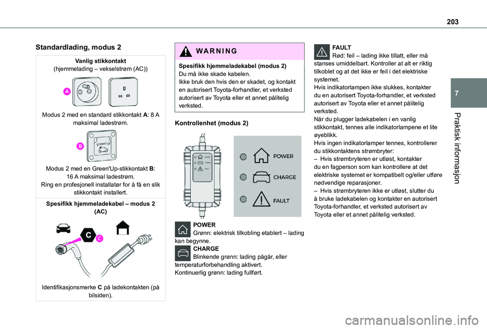 TOYOTA PROACE VERSO EV 2021  Instruksjoner for bruk (in Norwegian) 203
Praktisk informasjon
7
Standardlading, modus 2
Vanlig stikkontakt(hjemmelading – vekselstrøm (AC)) 
 
Modus 2 med en standard stikkontakt A:  8 A maksimal ladestrøm. 
 
Modus 2 med en Green