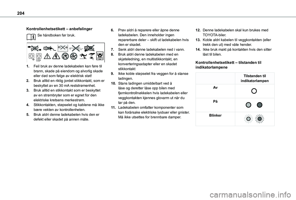 TOYOTA PROACE VERSO EV 2021  Instruksjoner for bruk (in Norwegian) 204
Kontrollenhetsetikett – anbefalinger
Se håndboken før bruk. 
1.Feil bruk av denne ladekabelen kan føre til brann, skade på eiendom og alvorlig skade eller død som følge av elektrisk støt!