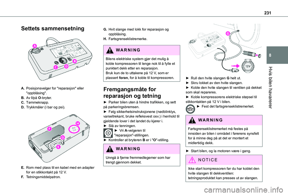 TOYOTA PROACE VERSO EV 2021  Instruksjoner for bruk (in Norwegian) 231
Hvis bilen havarerer
8
Settets sammensetning 
 
A.Posisjonsvelger for "reparasjon" eller "oppblåsing".
B.Av I/på O-bryter.
C.Tømmeknapp.
D.Trykkmåler (i bar og psi). 
 
E.Rom m