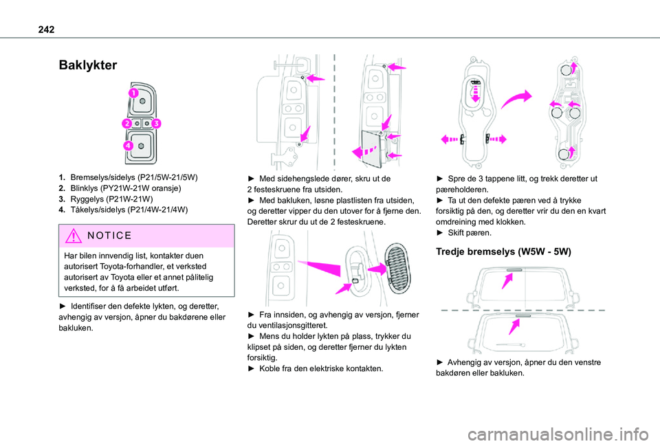 TOYOTA PROACE VERSO EV 2021  Instruksjoner for bruk (in Norwegian) 242
Baklykter 
 
1.Bremselys/sidelys (P21/5W-21/5W)
2.Blinklys (PY21W-21W oransje)
3.Ryggelys (P21W-21W)
4.Tåkelys/sidelys (P21/4W-21/4W)
NOTIC E
Har bilen innvendig list, kontakter duen autorisert T