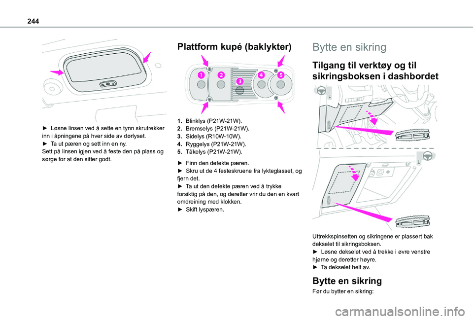 TOYOTA PROACE VERSO EV 2021  Instruksjoner for bruk (in Norwegian) 244
 
► Løsne linsen ved å sette en tynn skrutrekker inn i åpningene på hver side av dørlyset.► Ta ut pæren og sett inn en ny.Sett på linsen igjen ved å feste den på plass og sørge for a