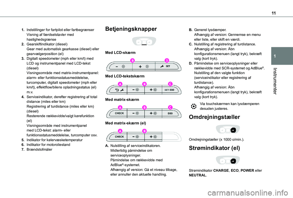 TOYOTA PROACE VERSO EV 2021 Brugsanvisning (in Danish) 11
Instrumenter
1
1.Indstillinger for fartpilot eller fartbegrænserVisning af færdselstavler med hastighedsgrænse
2.Gearskiftindikator (diesel)Gear med automatisk gearkasse (diesel) eller gearvælg TOYOTA PROACE VERSO EV 2021 Brugsanvisning (in Danish) 11
Instrumenter
1
1.Indstillinger for fartpilot eller fartbegrænserVisning af færdselstavler med hastighedsgrænse
2.Gearskiftindikator (diesel)Gear med automatisk gearkasse (diesel) eller gearvælg