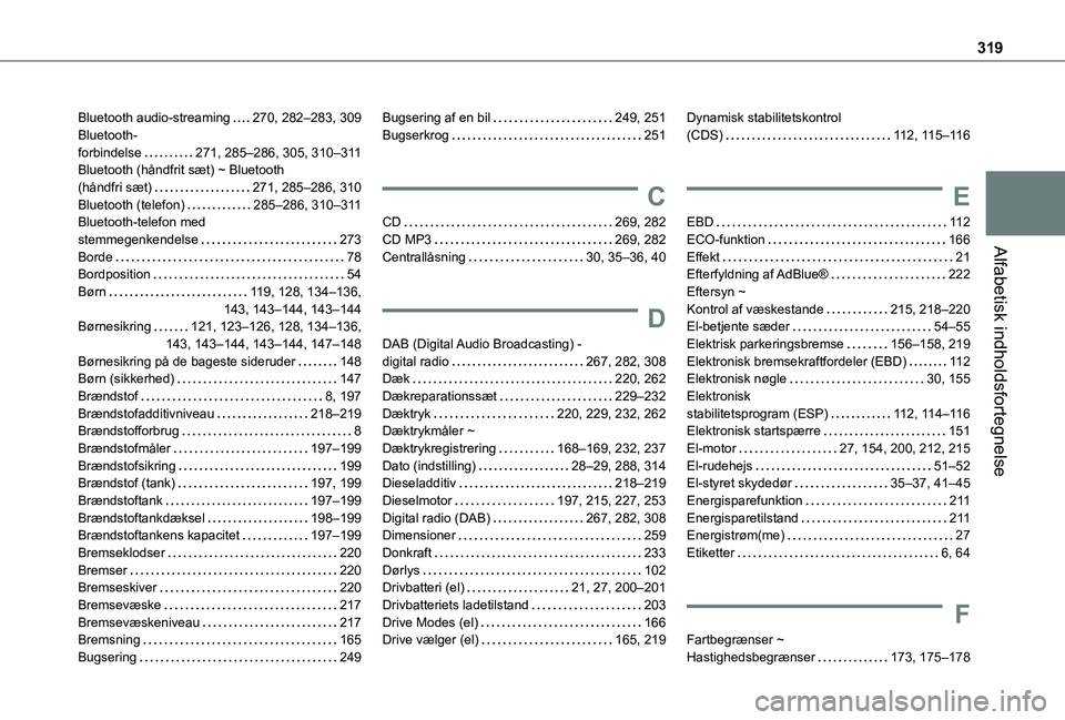 TOYOTA PROACE VERSO EV 2021 Brugsanvisning (in Danish) 319
Alfabetisk indholdsfortegnelse
Bluetooth audio-streaming 270, 282–283, 309Bluetooth- forbindelse 271, 285–286, 305, 310–3 11Bluetooth (håndfrit sæt) ~ Bluetooth (håndfri sæt) 271, TOYOTA PROACE VERSO EV 2021 Brugsanvisning (in Danish) 319
Alfabetisk indholdsfortegnelse
Bluetooth audio-streaming 270, 282–283, 309Bluetooth- forbindelse 271, 285–286, 305, 310–3 11Bluetooth (håndfrit sæt) ~ Bluetooth (håndfri sæt) 271,