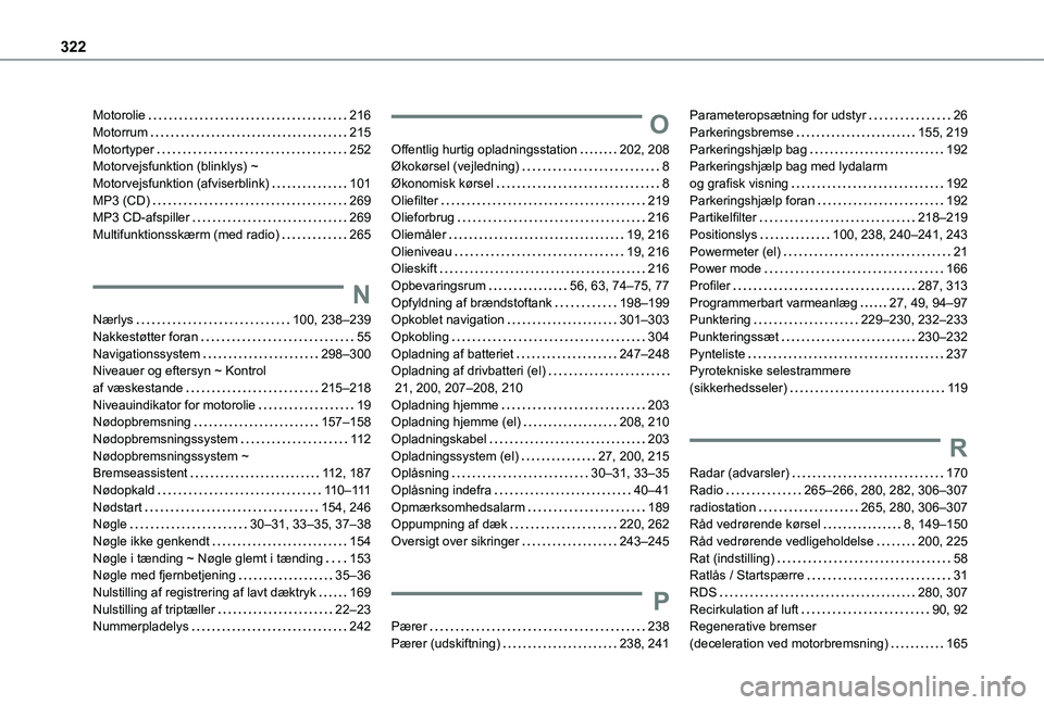 TOYOTA PROACE VERSO EV 2021 Brugsanvisning (in Danish) 322
Motorolie 216Motorrum 215Motortyper 252Motorvejsfunktion (blinklys) ~ Motorvejsfunktion (afviserblink) 101MP3 (CD) 269MP3 CD-afspiller 269Multifunktionsskærm (med radio) 265
N
Nær TOYOTA PROACE VERSO EV 2021 Brugsanvisning (in Danish) 322
Motorolie 216Motorrum 215Motortyper 252Motorvejsfunktion (blinklys) ~ Motorvejsfunktion (afviserblink) 101MP3 (CD) 269MP3 CD-afspiller 269Multifunktionsskærm (med radio) 265
N
Nær