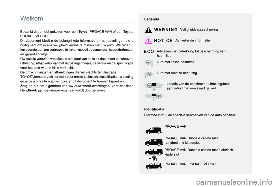 TOYOTA PROACE VERSO EV 2021  Instructieboekje (in Dutch)  
  
 
  
 
  
  
  
  
   
   
 
  
   
   
   
Welkom
Bedankt dat u hebt gekozen voor een Toyota PROACE VAN of een Toyota PROACE VERSO.Dit document biedt u de belangrijkste informatie en aanbeveling
