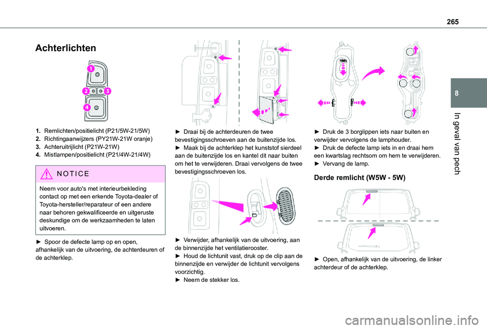 TOYOTA PROACE VERSO EV 2021  Instructieboekje (in Dutch) 265
In geval van pech
8
Achterlichten 
 
1.Remlichten/positielicht (P21/5W-21/5W)
2.Richtingaanwijzers (PY21W-21W oranje)
3.Achteruitrijlicht (P21W-21W)
4.Mistlampen/positielicht (P21/4W-21/4W)
NOTIC 