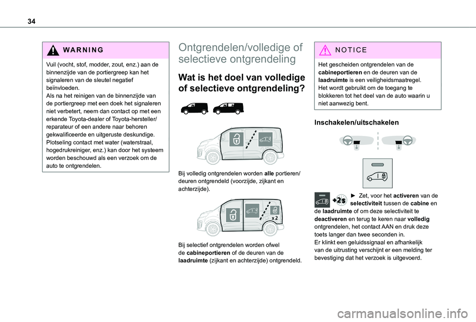 TOYOTA PROACE VERSO EV 2021  Instructieboekje (in Dutch) 34
WARNI NG
Vuil (vocht, stof, modder, zout, enz.) aan de binnenzijde van de portiergreep kan het signaleren van de sleutel negatief beïnvloeden.Als na het reinigen van de binnenzijde van de portierg