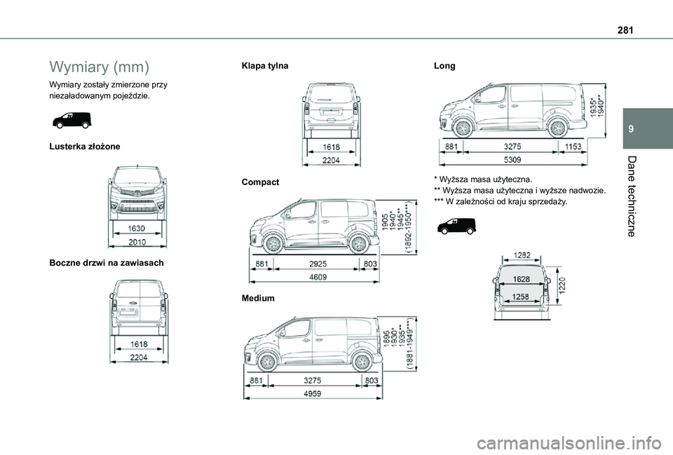TOYOTA PROACE VERSO EV 2021  Instrukcja obsługi (in Polish) 281
Dane techniczne
9
Wymiary (mm)
Wymiary zostały zmierzone przy niezaładowanym pojeździe. 
 
Lusterka złożone 
 
Boczne drzwi na zawiasach 
 
Klapa tylna 
 
Compact 
 
Medium 
 
Long 
 
* Wyżs