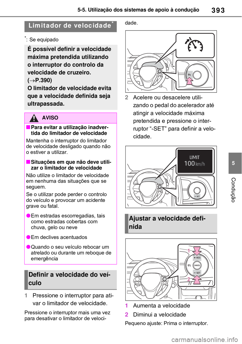TOYOTA RAV4 PHEV 2021 Manual de utilização (in Portuguese) 393
5 5-5. Utilização dos sistemas de apoio à condução
Condução
*: Se equipado
1Pressione o interruptor para ati-
var o limitador de velocidade.
Pressione o interruptor mais uma vez
para desa TOYOTA RAV4 PHEV 2021 Manual de utilização (in Portuguese) 393
5 5-5. Utilização dos sistemas de apoio à condução
Condução
*: Se equipado
1Pressione o interruptor para ati-
var o limitador de velocidade.
Pressione o interruptor mais uma vez
para desa