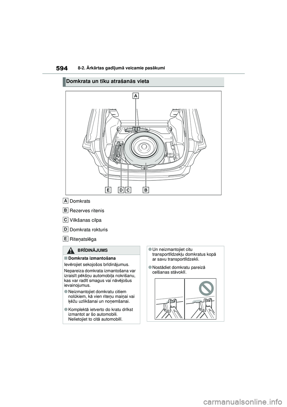 TOYOTA RAV4 PHEV 2021  Lietošanas Instrukcija (in Latvian) 5948-2. Ārk ārtas gad ījum ā veicamie pas ākumi
Domkrats
Rezerves ritenis
Vilkšanas cilpa
Domkrata rokturis
Rite ņatsl ēga
Domkrata un t īku atrašan ās vieta
A
B
C
D
E
BRĪDINĀ JUMS
■Dom