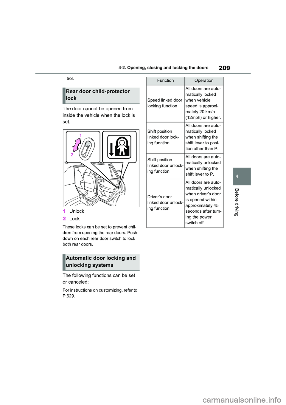 TOYOTA RAV4 PHEV 2021  Owners Manual 209
4 
4-2. Opening, closing and locking the doors
Before driving
trol.
The door cannot be opened from  
inside the vehicle when the lock is 
set. 
1 Unlock 
2 Lock
These locks can be set to prevent c