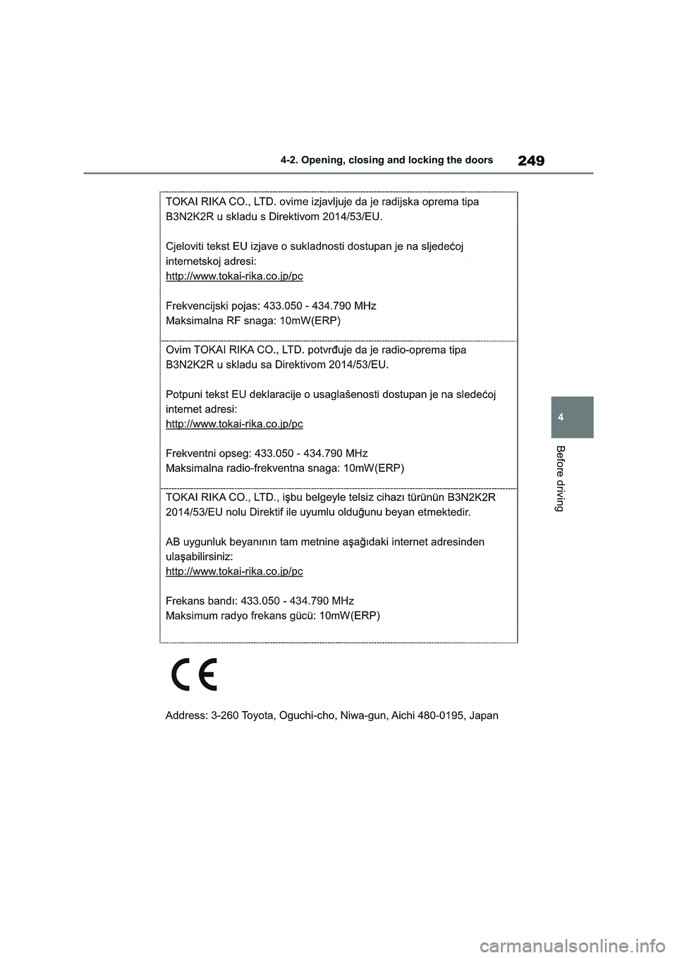TOYOTA RAV4 PHEV 2021  Owners Manual 249
4 
4-2. Opening, closing and locking the doors
Before driving 