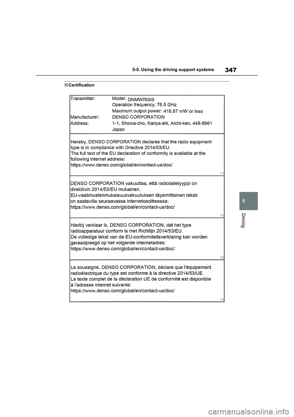 TOYOTA RAV4 PHEV 2021  Owners Manual 347
5 
5-5. Using the driving support systems
Driving
■Certification 