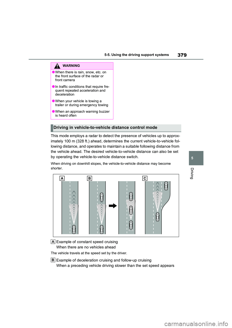 TOYOTA RAV4 PHEV 2021  Owners Manual 379
5 
5-5. Using the driving support systems
Driving
This mode employs a radar to detect the presence of vehicles up  to approx- 
imately 100 m (328 ft.) ahead, det ermines the current vehicle-to-veh