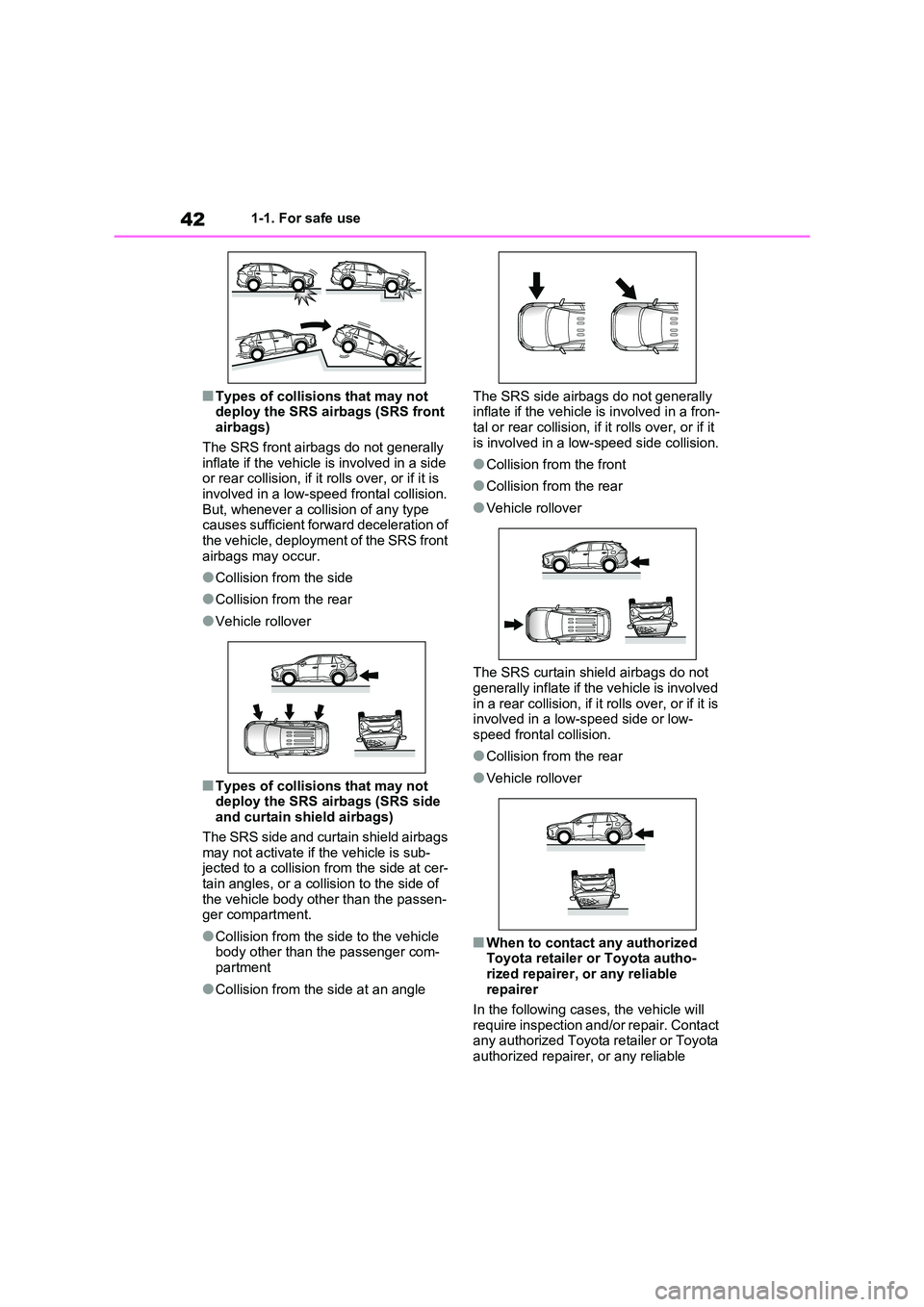 TOYOTA RAV4 PHEV 2021  Owners Manual 421-1. For safe use
■Types of collisions that may not  
deploy the SRS airbags (SRS front  airbags) 
The SRS front airbags do not generally  
inflate if the vehicle  is involved in a side  or rear c
