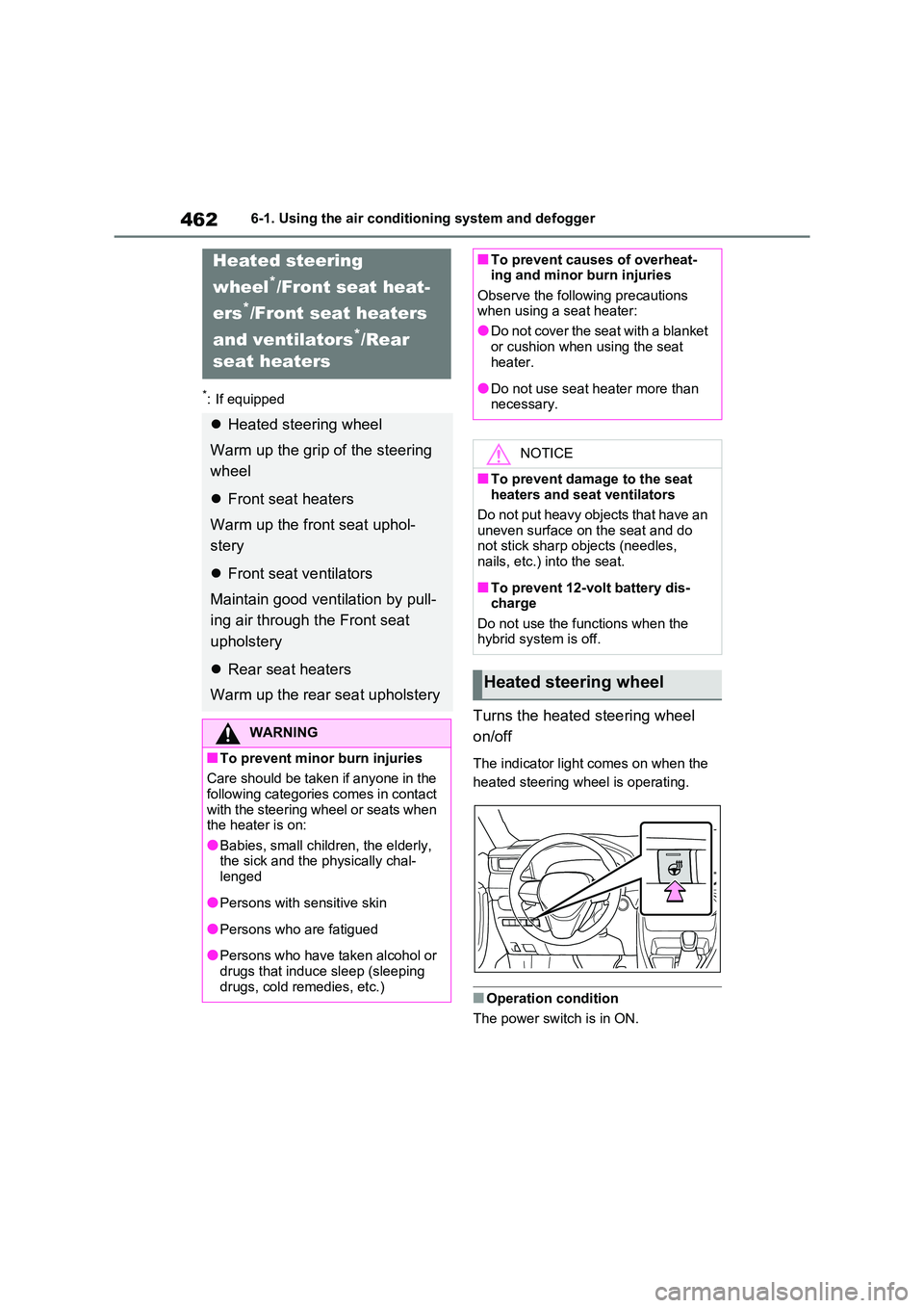 TOYOTA RAV4 PHEV 2021  Owners Manual 4626-1. Using the air conditioning system and defogger
*: If equipped
Turns the heated steering wheel  
on/off
The indicator light comes on when the  
heated steering wheel is operating.
■Operation 