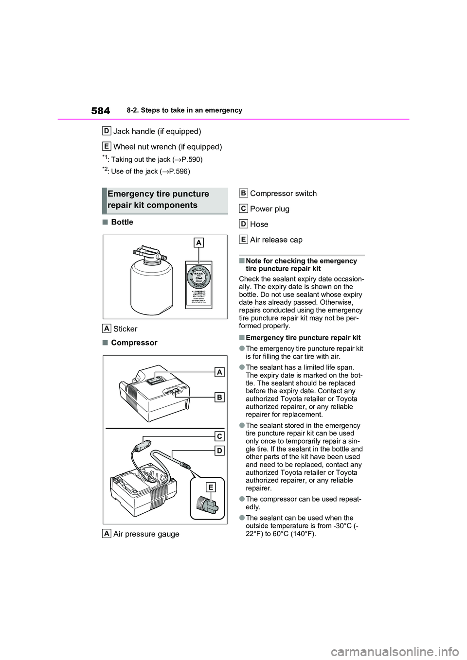 TOYOTA RAV4 PHEV 2021  Owners Manual 5848-2. Steps to take in an emergency
Jack handle (if equipped) 
Wheel nut wrench  (if equipped)
*1: Taking out the jack (→P.590)
*2: Use of the jack (→P.596)
■Bottle 
Sticker
■Compressor 
Air
