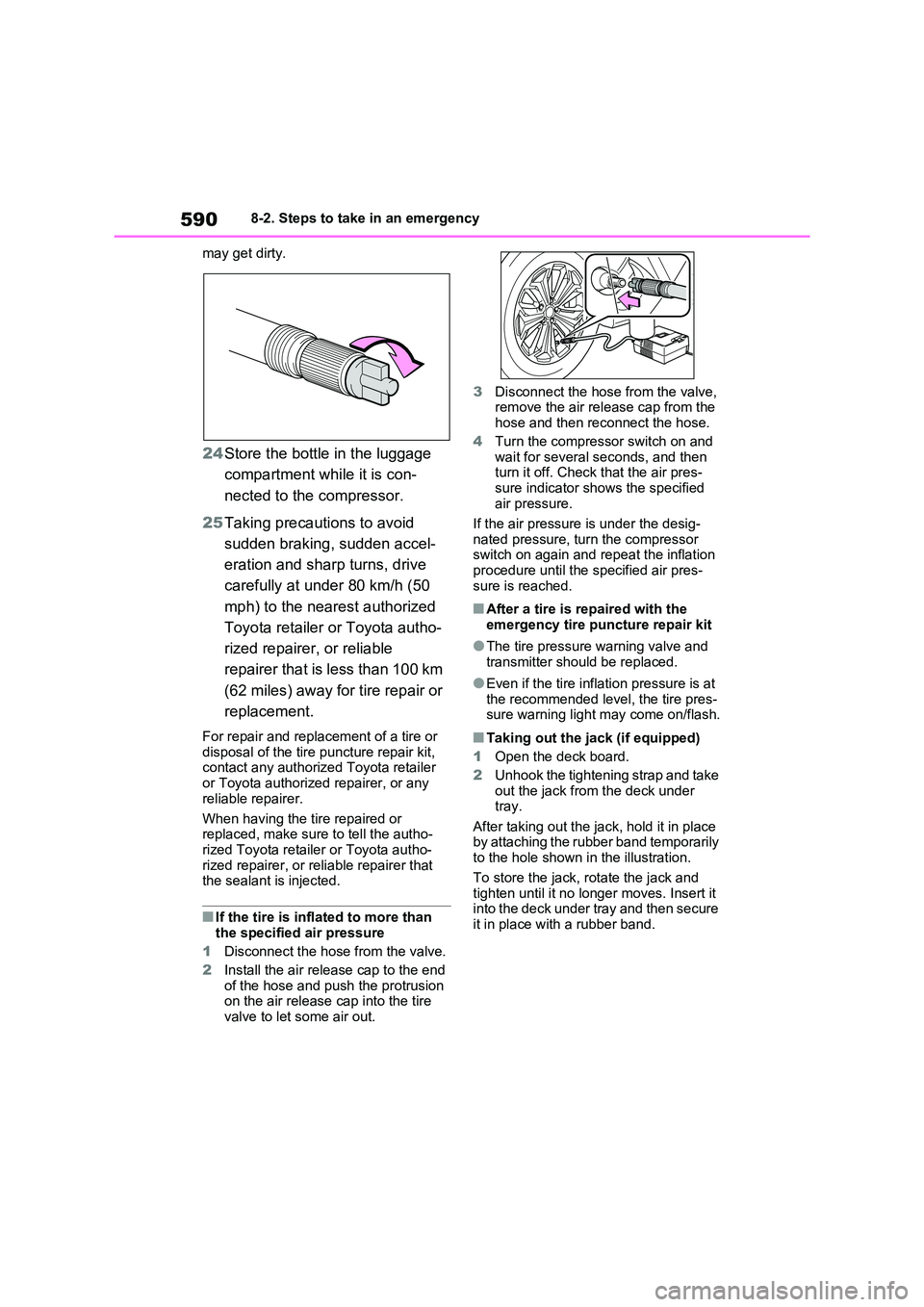 TOYOTA RAV4 PHEV 2021  Owners Manual 5908-2. Steps to take in an emergency 
may get dirty.
24 Store the bottle in the luggage  
compartment while it is con - 
nected to the compressor. 
25 Taking precautions to avoid  
sudden braking, su