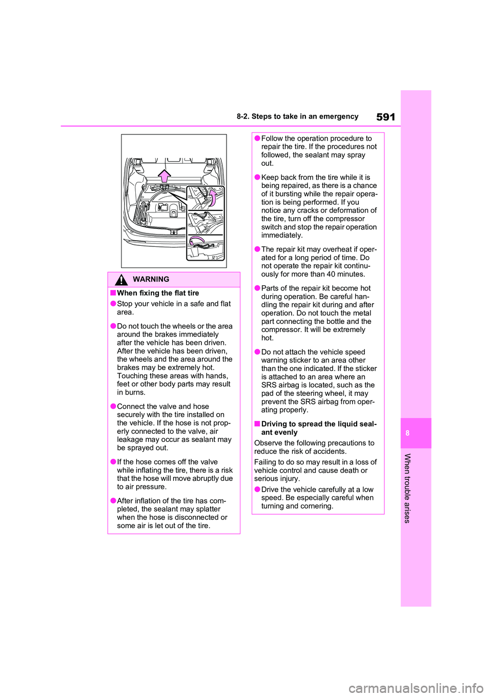 TOYOTA RAV4 PHEV 2021  Owners Manual 591
8 
8-2. Steps to take in an emergency
When trouble arises
WARNING
■When fixing the flat tire
●Stop your vehicle  in a safe and flat  area.
●Do not touch the wheels or the area  
around the b