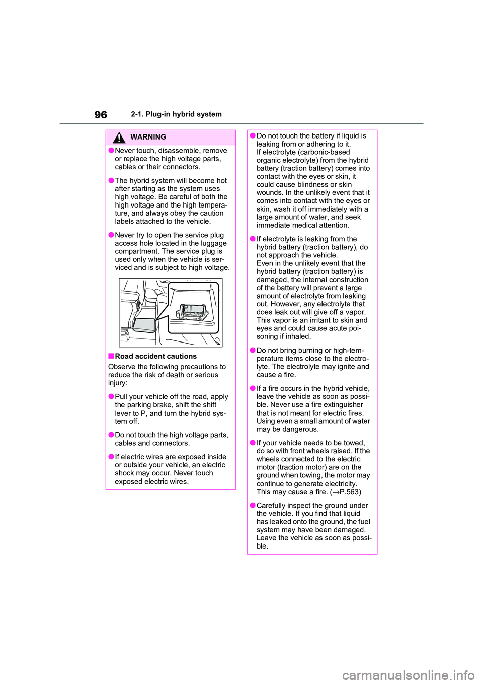 TOYOTA RAV4 PHEV 2021  Owners Manual 962-1. Plug-in hybrid system
WARNING
●Never touch, disassemble, remove  
or replace the high voltage parts, 
cables or their connectors.
●The hybrid system will become hot 
after starting a s the 