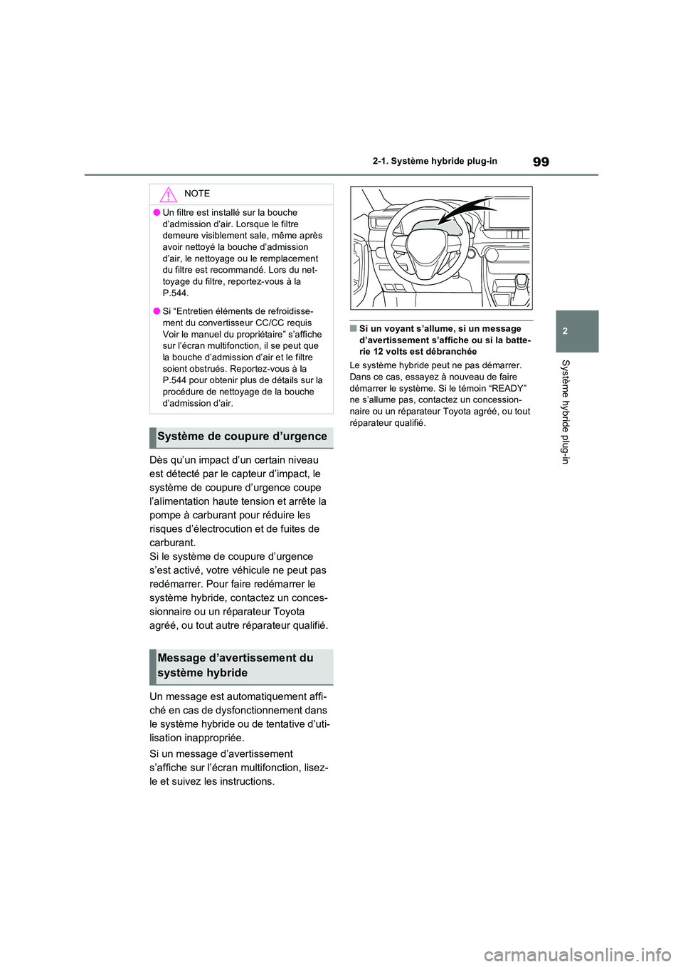 TOYOTA RAV4 PHEV 2021  Notices Demploi (in French) 99
2 
2-1. Système hybride plug-in
Système hybride plug-in
Dès qu’un impact d’un certain niveau  
est détecté par le capteur d’impact, le 
système de coupure d’urgence coupe 
l’aliment