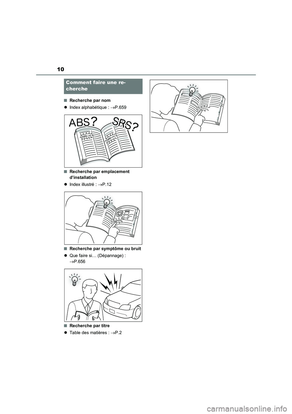 TOYOTA RAV4 PHEV 2021  Notices Demploi (in French) 10
�QRecherche par nom
Index alphabétique : P.659
�QRecherche par emplacement 
d’installation
Index illustré : P.12
�QRecherche par symptôme ou bruit
Que faire si… (Dépannage) :