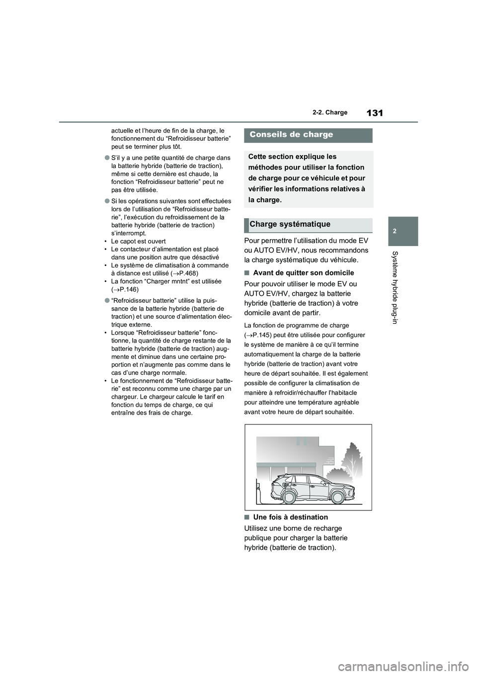 TOYOTA RAV4 PHEV 2021  Notices Demploi (in French) 131
2 2-2. Charge
Système hybride plug-in
actuelle et l’heure de fin de la charge, le 
fonctionnement du “Refroidisseur batterie” 
peut se terminer plus tôt.
�OS’il y a une petite quantité 