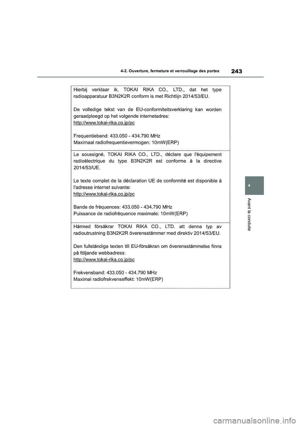 TOYOTA RAV4 PHEV 2021  Notices Demploi (in French) 243
4 4-2. Ouverture, fermeture et verrouillage des portes
Avant la conduite 