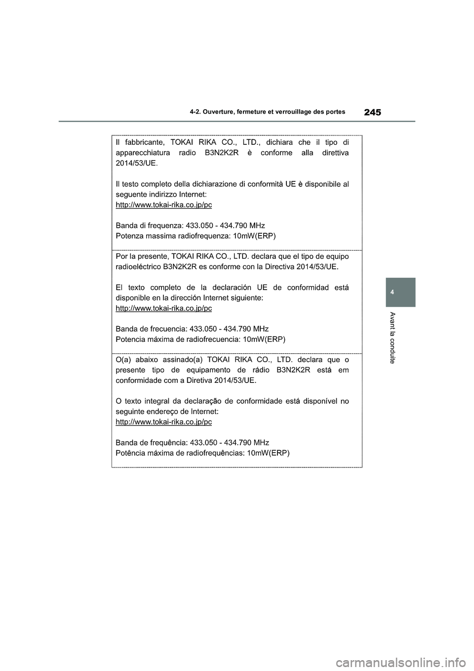 TOYOTA RAV4 PHEV 2021  Notices Demploi (in French) 245
4 4-2. Ouverture, fermeture et verrouillage des portes
Avant la conduite 