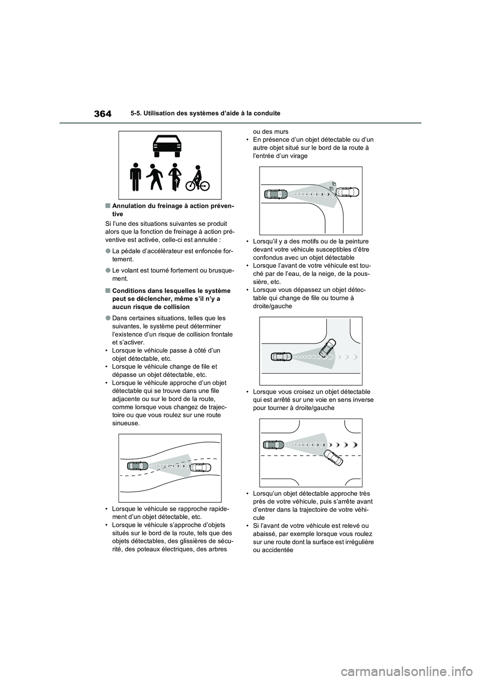 TOYOTA RAV4 PHEV 2021  Notices Demploi (in French) 3645-5. Utilisation des systèmes d’aide à la conduite
�QAnnulation du freinage à action préven- tive 
Si l’une des situations suivantes se produit  alors que la fonction de freinage à action 