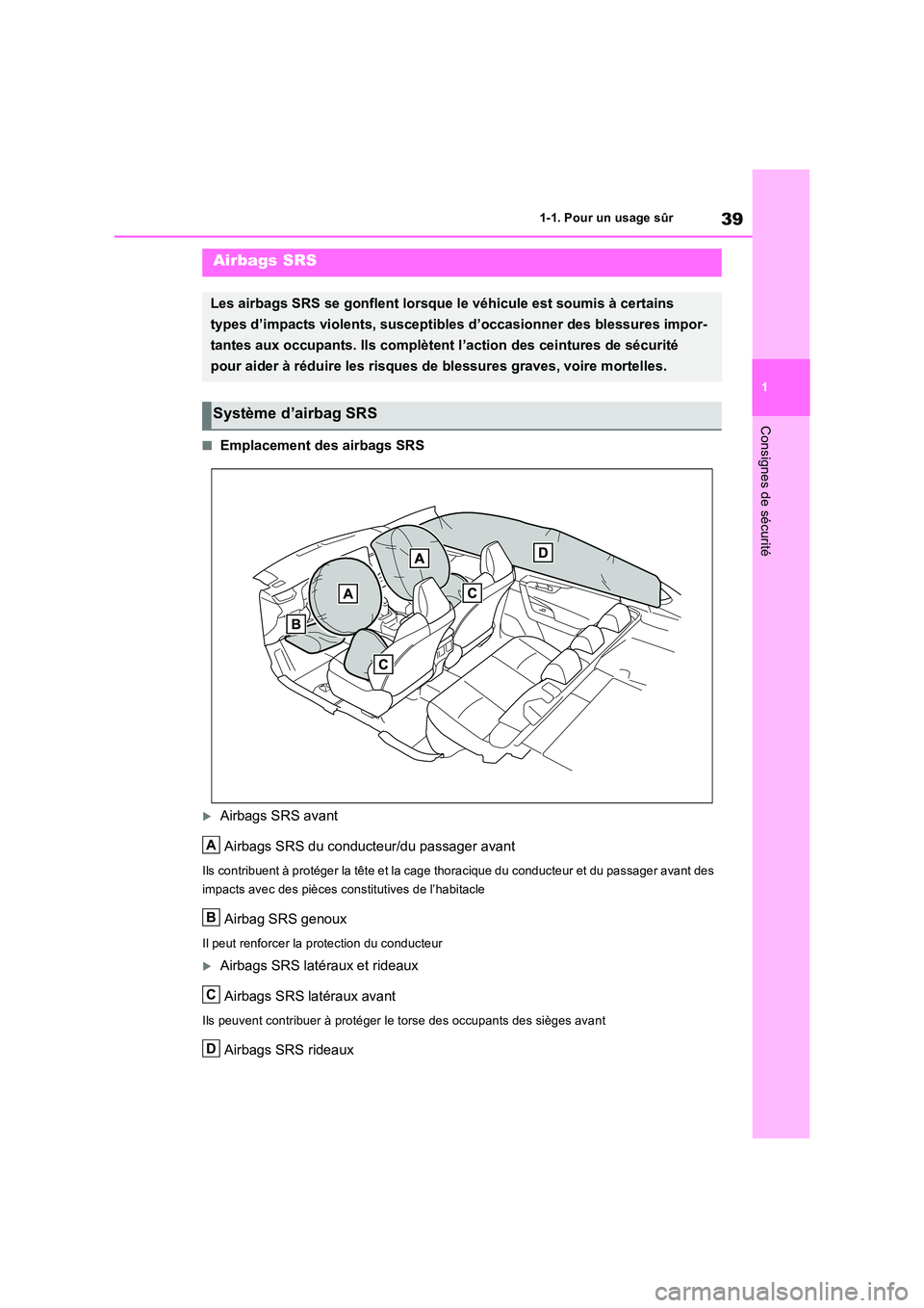 TOYOTA RAV4 PHEV 2021  Notices Demploi (in French) 39
1 
1-1. Pour un usage sûr
Consignes de sécurité
�QEmplacement des airbags SRS
Airbags SRS avant 
Airbags SRS du conducteur/du passager avant
Ils contribuent à protéger la tête et la cage  