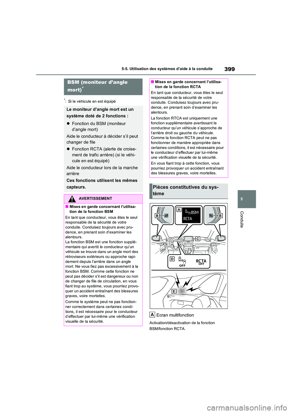 TOYOTA RAV4 PHEV 2021  Notices Demploi (in French) 399
5 
5-5. Utilisation des systèmes d’aide à la conduite
Conduite
*: Si le véhicule en est équipé
Ecran multifonction
Activation/désactivation de la fonction  
BSM/fonction RCTA.
BSM (moniteu