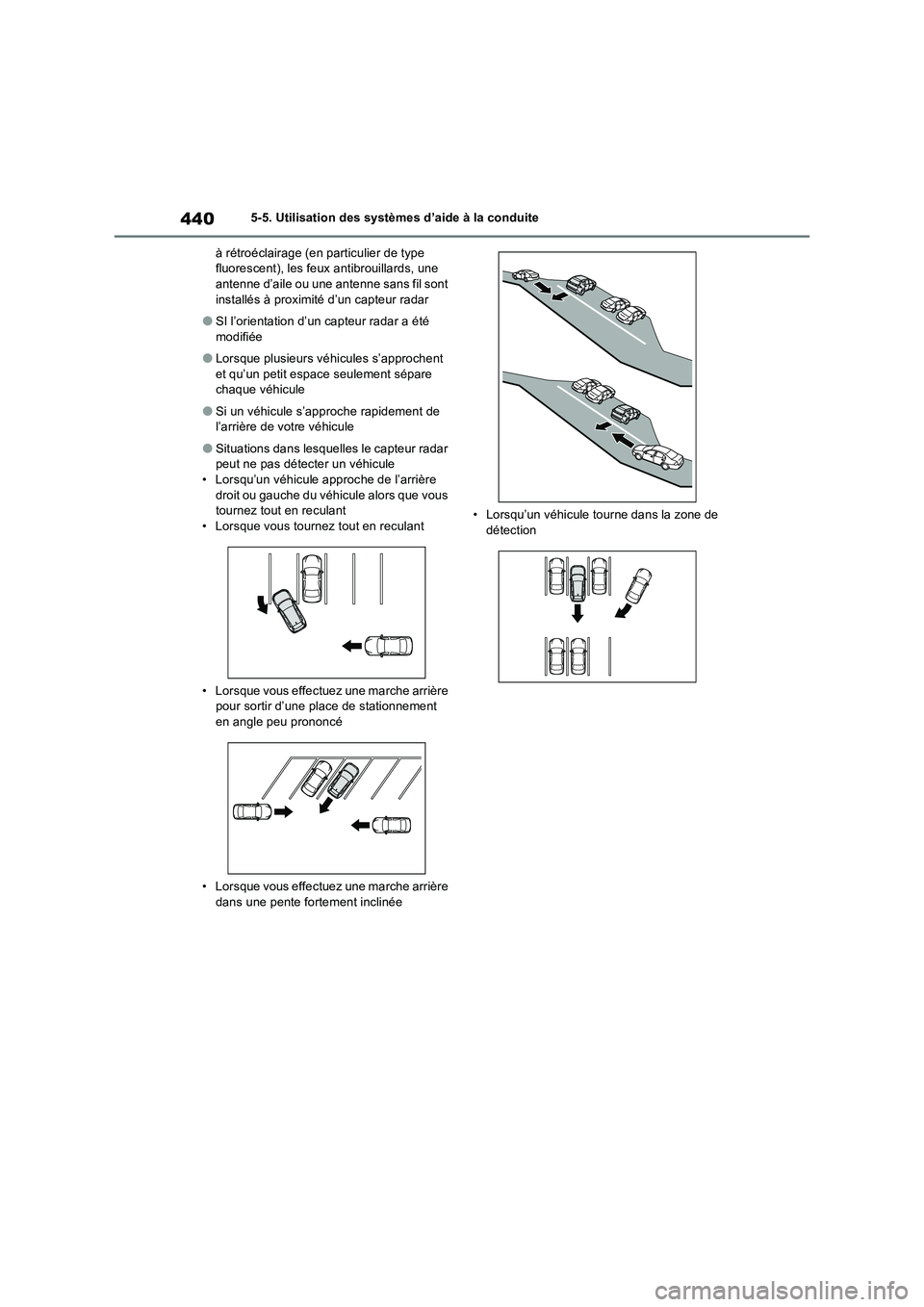 TOYOTA RAV4 PHEV 2021  Notices Demploi (in French) 4405-5. Utilisation des systèmes d’aide à la conduite
à rétroéclairage (en particulier de type 
fluorescent), les feux antibrouillards, une 
antenne d’aile ou une antenne sans fil sont 
insta