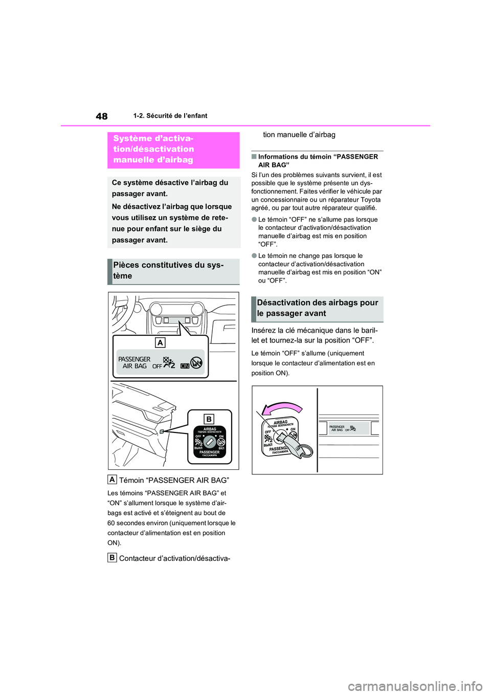 TOYOTA RAV4 PHEV 2021  Notices Demploi (in French) 481-2. Sécurité de l’enfant
1-2.Sécu rité  de  l’e nfa nt
Témoin “PASSENGER AIR BAG”
Les témoins “PASSENGER AIR BAG” et  
“ON” s’allument lorsque le système d’air-
bags est 