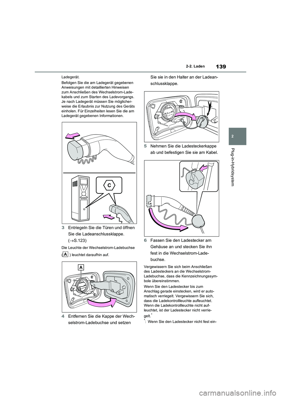 TOYOTA RAV4 PHEV 2021  Betriebsanleitungen (in German) 139
2 2-2. Laden
Plug-in-Hybridsystem
Ladegerät.
Befolgen Sie die am Ladegerät gegebenen 
Anweisungen mit detaillierten Hinweisen 
zum Anschließen des Wechselstrom-Lade-
kabels und zum Starten des 