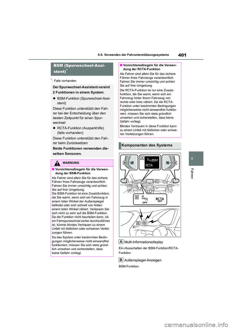 TOYOTA RAV4 PHEV 2021  Betriebsanleitungen (in German) 401
5 
5-5. Verwenden der Fahrunterstützungssysteme
Fahren
*: Falls vorhanden
Multi-Informationsdisplay
Ein-/Ausschalten der BSM-Funktion/RCTA- 
Funktion.
Außenspiegel-Anzeigen
BSM-Funktion:
BSM (Sp