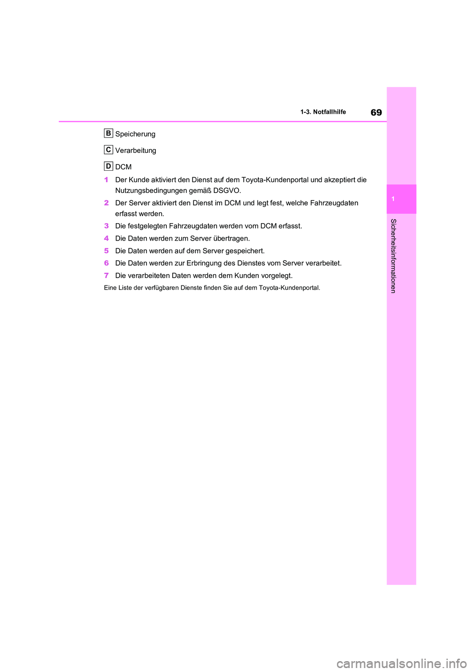 TOYOTA RAV4 PHEV 2021  Betriebsanleitungen (in German) 69
1 
1-3. Notfallhilfe
Sicherheitsinformationen
Speicherung 
Verarbeitung 
DCM 
1 Der Kunde aktiviert den Dienst auf dem Toyota-Kundenportal und akzeptiert die  
Nutzungsbedingungen gemäß DSGVO. 
2