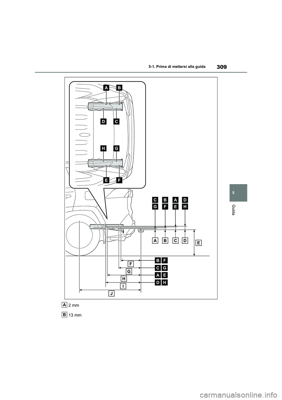 TOYOTA RAV4 PHEV 2021  Manuale duso (in Italian) 309
5 5-1. Prima di mettersi alla guida
Guida
2mm
13 mmA
B 