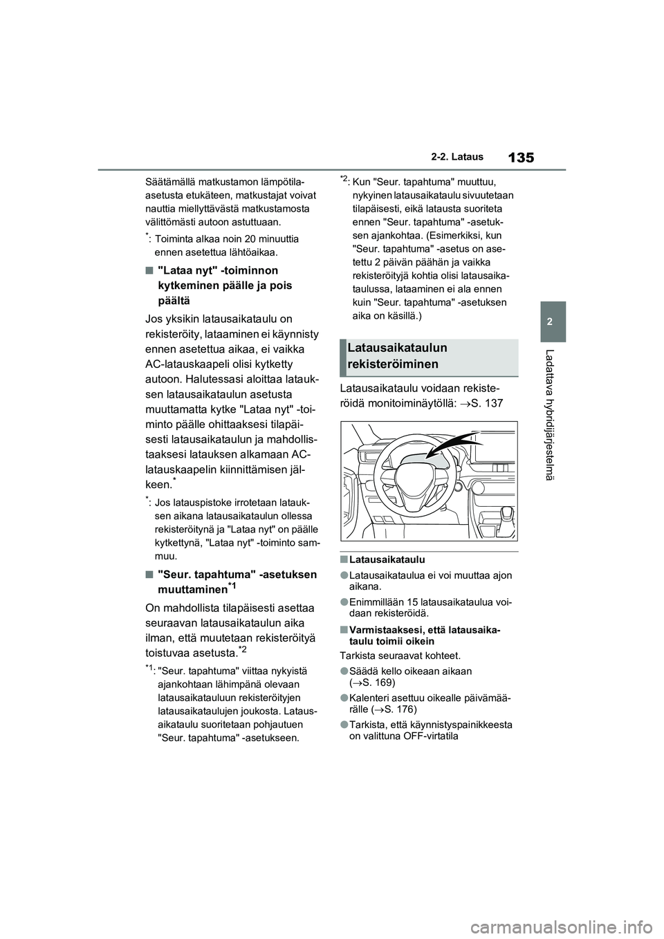 TOYOTA RAV4 PHEV 2021  Omistajan Käsikirja (in Finnish) 135
2
2-2. Lataus
Ladattava hybridijärjestelmä
Säätämällä matkustamon lämpötila-
asetusta etukäteen, matkustajat voivat 
nauttia miellyttävästä matkustamosta 
välittömästi autoon astut