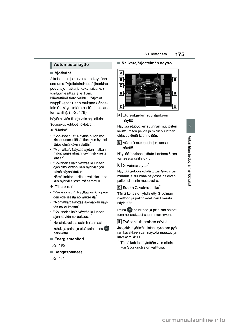 TOYOTA RAV4 PHEV 2021  Omistajan Käsikirja (in Finnish) 175
3
3-1. Mittaristo
Auton tilan tiedot ja merkkivalot
nAjotiedot
2 kohdetta, jotka valitaan käyttäen 
asetusta "Ajotietokohteet" (keskino-
peus, ajomatka ja kokonaisaika), 
voidaan esittää allek