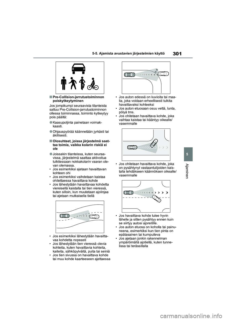 TOYOTA RAV4 PHEV 2021  Omistajan Käsikirja (in Finnish) 301
5
5-5. Ajamista avustavien järjestelmien käyttö
Ajaminen
nPre-Collision-jarrutustoiminnon 
poiskytkeytyminen
Jos jompikumpi seuraavista tilanteista 
sattuu Pre-Collision-jarrutustoiminnon 
olle